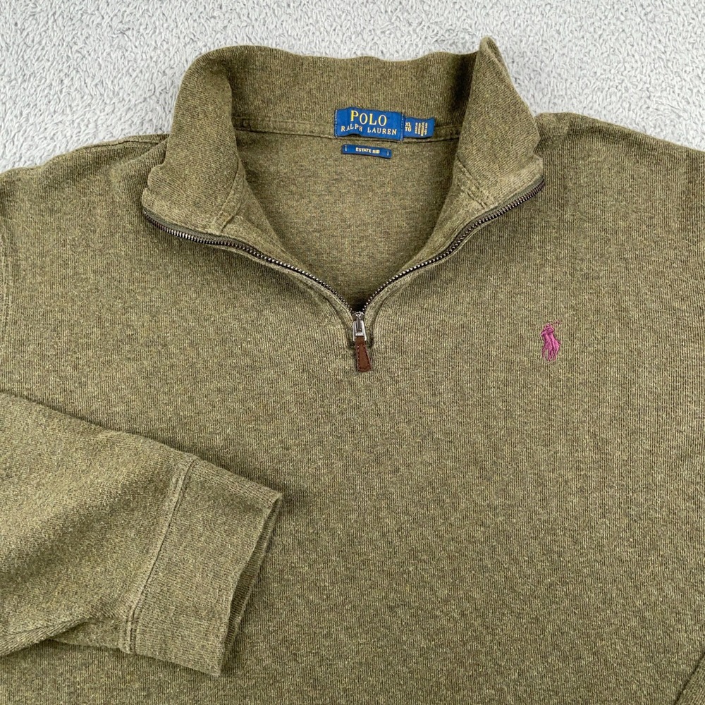 Polo Ralph Lauren Sweater Mens XL Green Estate Rib 1/4 Zip Pullover Pony Logo